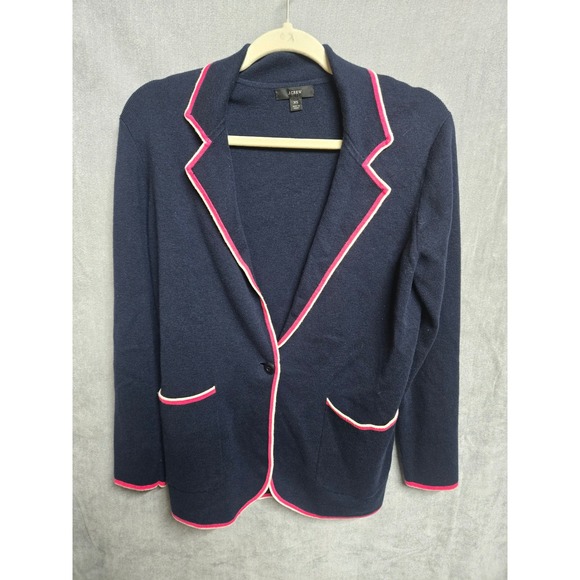 J. Crew Factory Sweaters - J.Crew Sophie Open Front Blazer Sweater Navy Blue Pink Tipped XS Cardigan Jacket